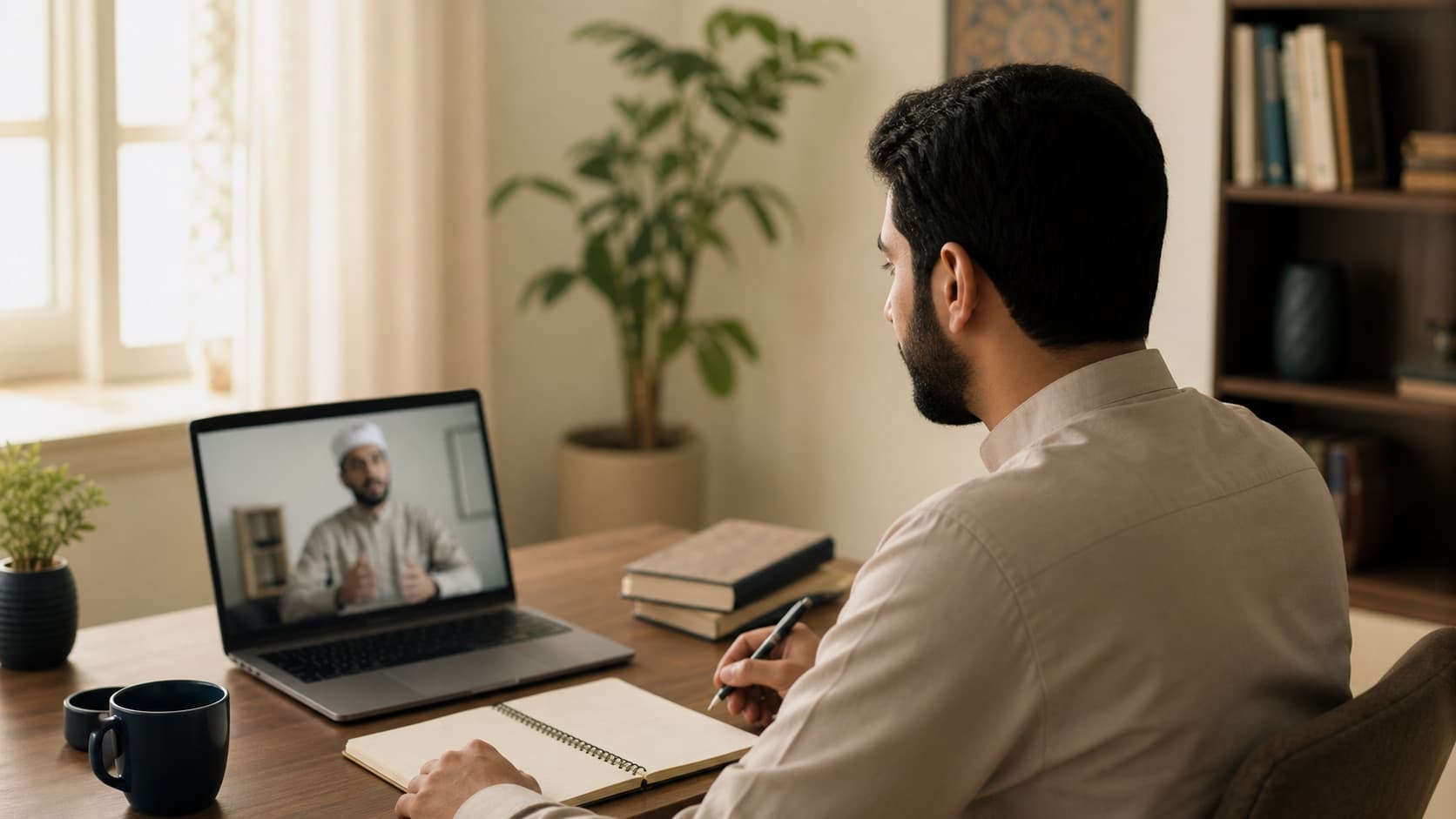 Élève suivant un cours d’arabe en direct sur son ordinateur
